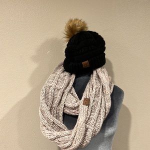 CC pink/grey/white infinity scarf and beanie bundle
